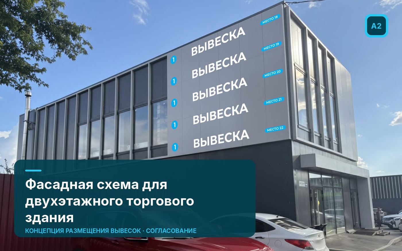 Фасадная схема для двухэтажного торгового здания — фотомонтаж с вывесками