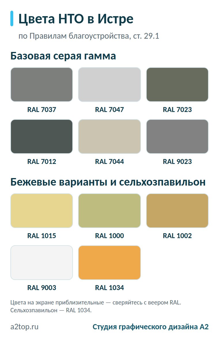 Цвета НТО по Правилам благоустройства Истры: RAL